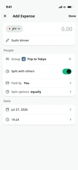 Adding an expense: currency and amount, a description, which group it belongs to, who paid, and how to split it.