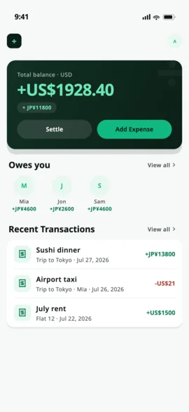 The Payculator home screen: a total balance of US$1,928.40 owed to you, the friends who owe you, and a list of recent transactions.