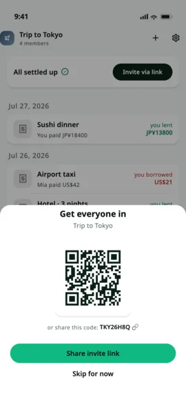 A group invite sheet showing a QR code and a shareable invite code.